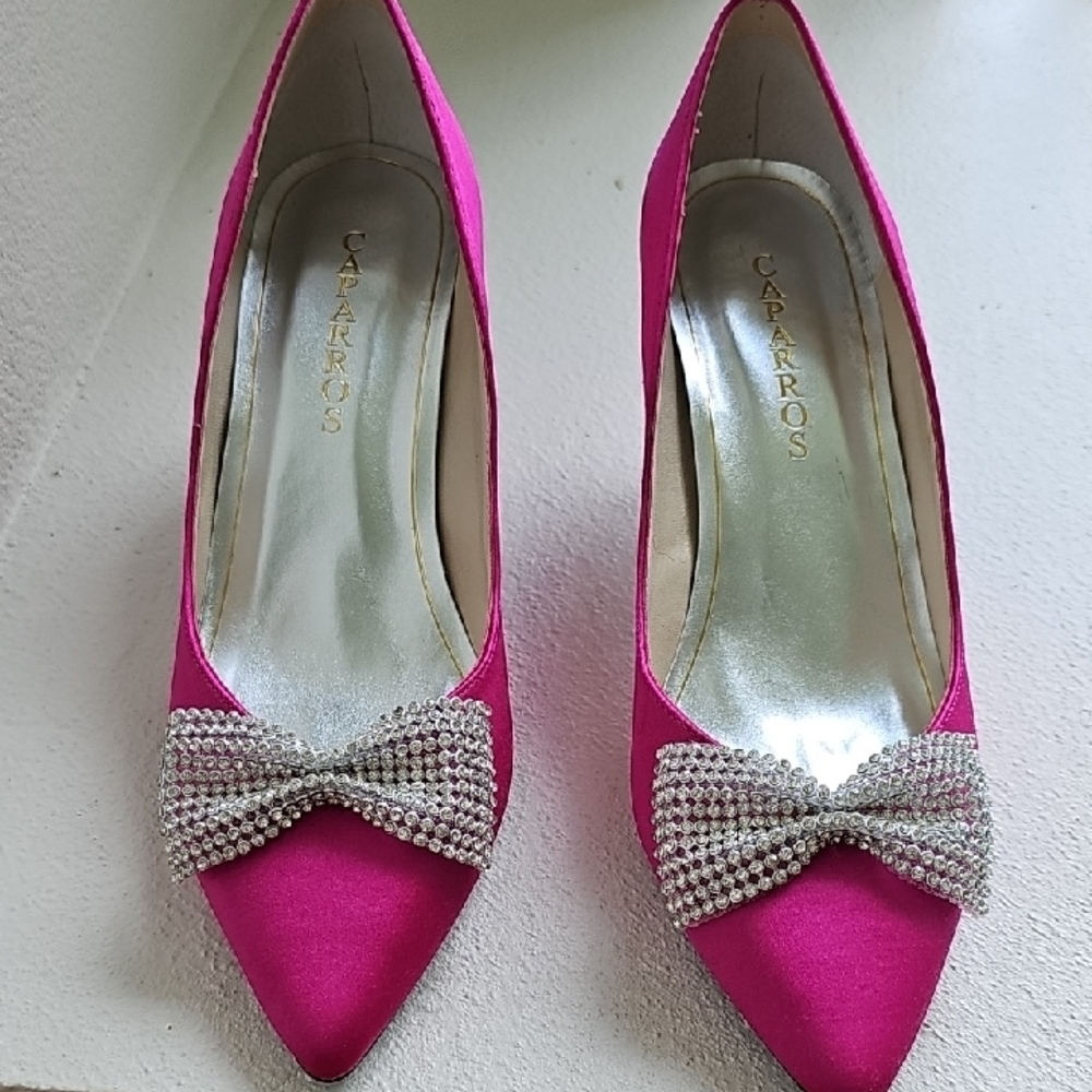 Caparros Fuchsia Satin Heels with Rhinestone Bow